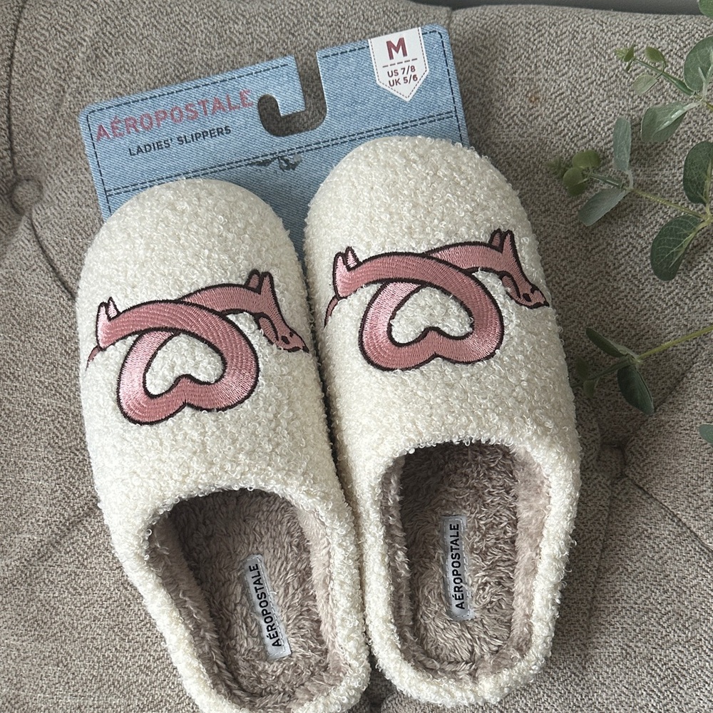 Aeropostale Cream Slippers with Pink Heart Motif